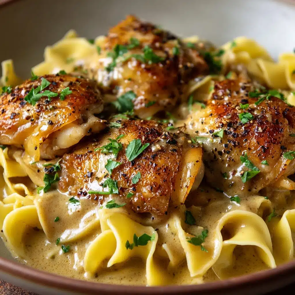 One-Pan Creamy Garlic Butter Chicken with Egg Noodles Recipe - Recipe Image