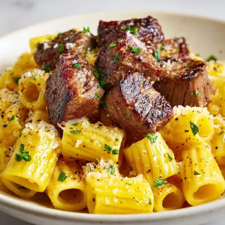 Garlic Butter Steak Tips with Cheesy Rigatoni Recipe
