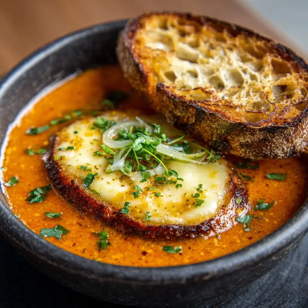 Tomato Soup with Cheese and Onion Toast Recipe - Recipe Image
