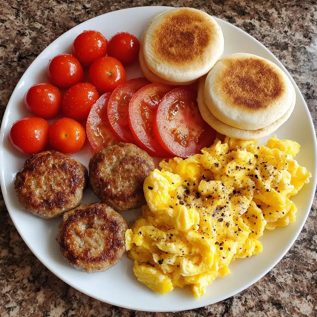 Breakfast Feast with Scrambled Eggs, Sausage Patties, Biscuits, and Tomatoes Recipe - Recipe Image