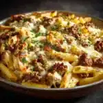 Cheesy Penne with Garlic Butter Ground Beef Recipe