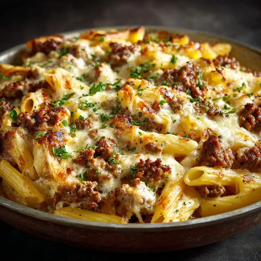 Cheesy Penne with Garlic Butter Ground Beef Recipe - Recipe Image