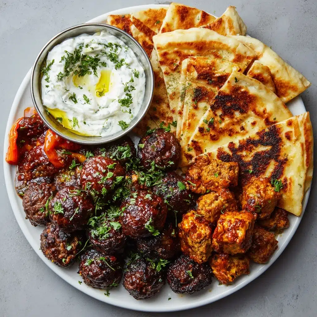 Greek Platter: Spicy Feta Topped Wedges, Meatballs, Tzatziki, and Toasted Pitta Recipe - Recipe Image