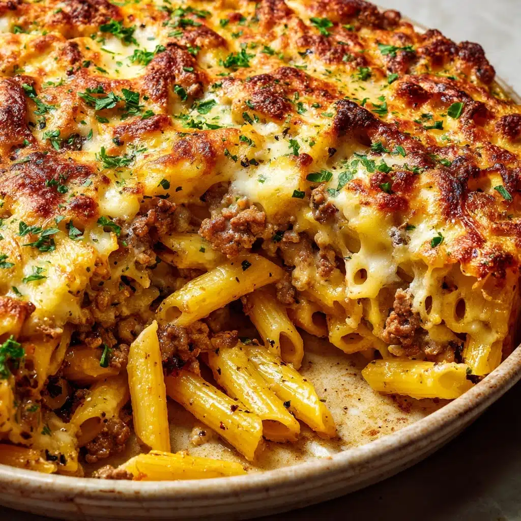Cheesy Penne with Garlic Butter Ground Beef Recipe - Recipe Image