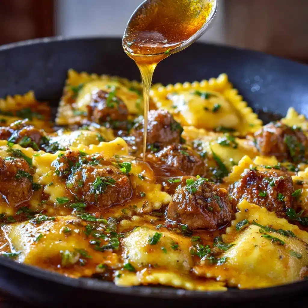 One-Skillet Garlic Butter Steak & Cheese Ravioli Recipe - Recipe Image