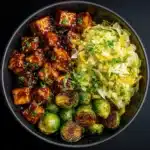 Pan-Fried Sticky Garlic Tofu with Oven-Roasted Brussels Sprouts Recipe