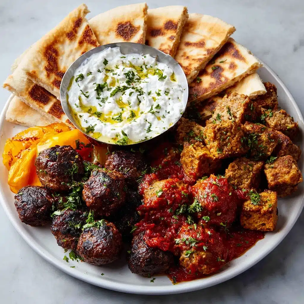 Greek Platter: Spicy Feta Topped Wedges, Meatballs, Tzatziki, and Toasted Pitta Recipe - Recipe Image