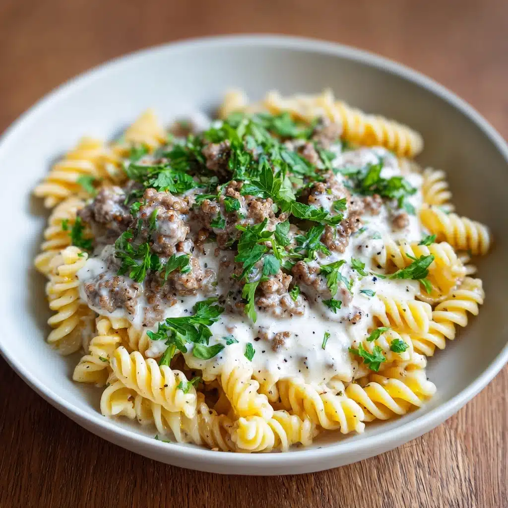 Beef and Rotini in Garlic Parmesan Sauce Recipe - Recipe Image