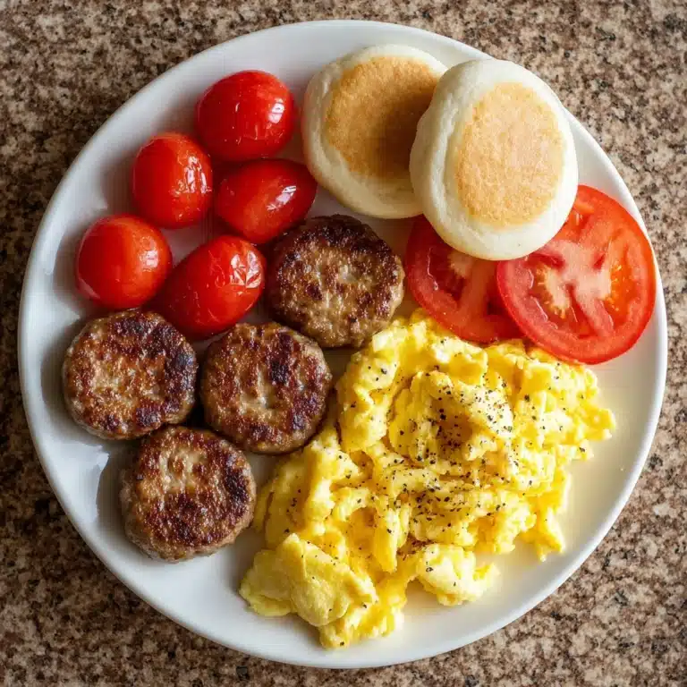 Breakfast Feast with Scrambled Eggs, Sausage Patties, Biscuits, and Tomatoes Recipe