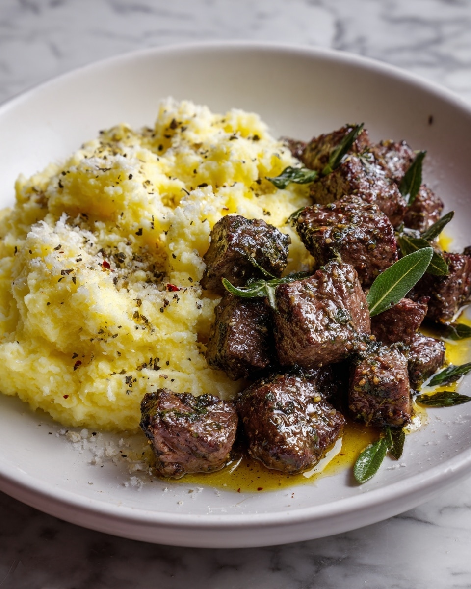 Garlic Butter Beef Bites with Creamy Mashed Potatoes Recipe - Recipe Image