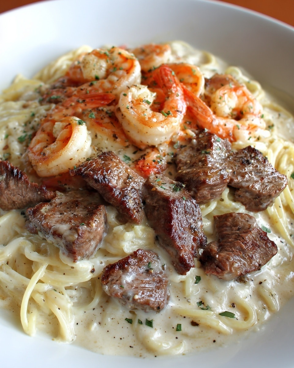 Cajun Shrimp and Steak Alfredo Pasta Recipe - Recipe Image
