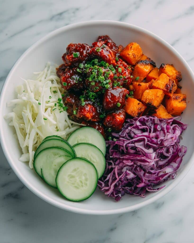 BBQ Chicken Bowls with Roasted Sweet Potatoes, Coleslaw, and Pickles Recipe