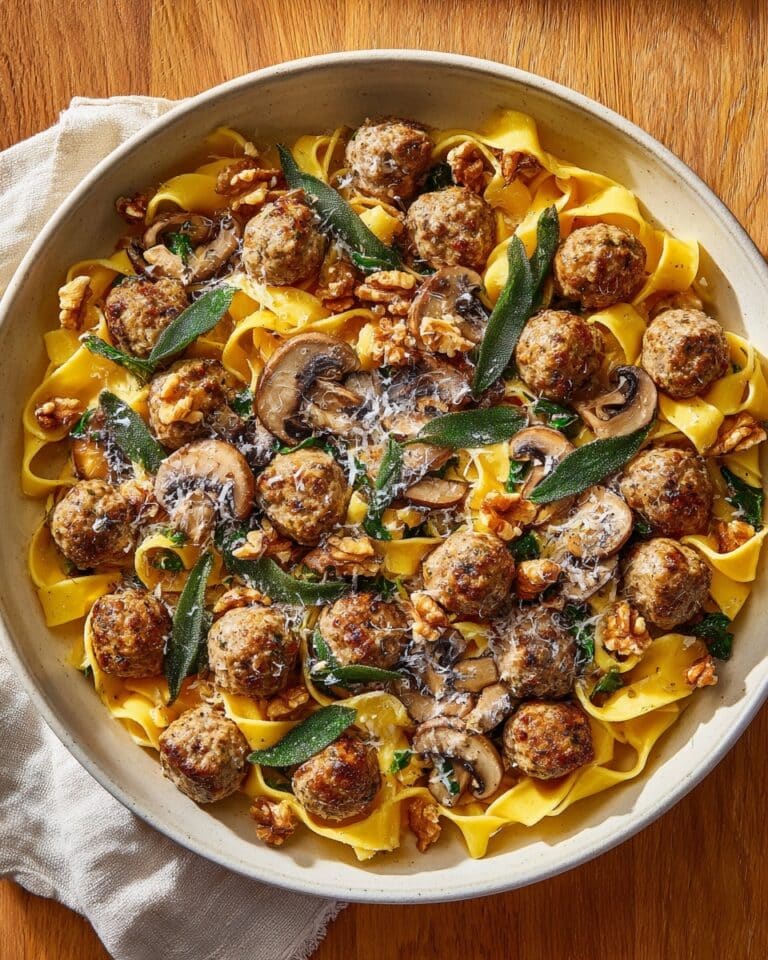 Winter Pasta with Mushrooms, Sausage Meatballs, Walnuts & Crispy Sage Recipe