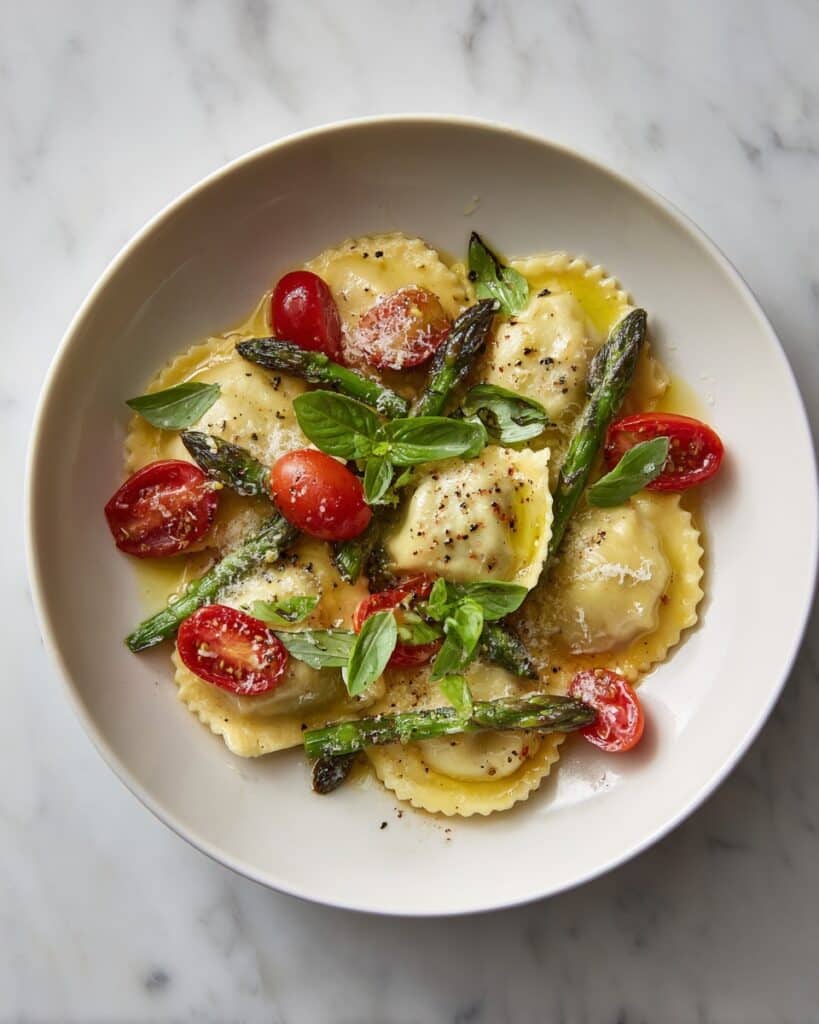 Ravioli with Tomatoes, Asparagus, Garlic, and Herbs Recipe