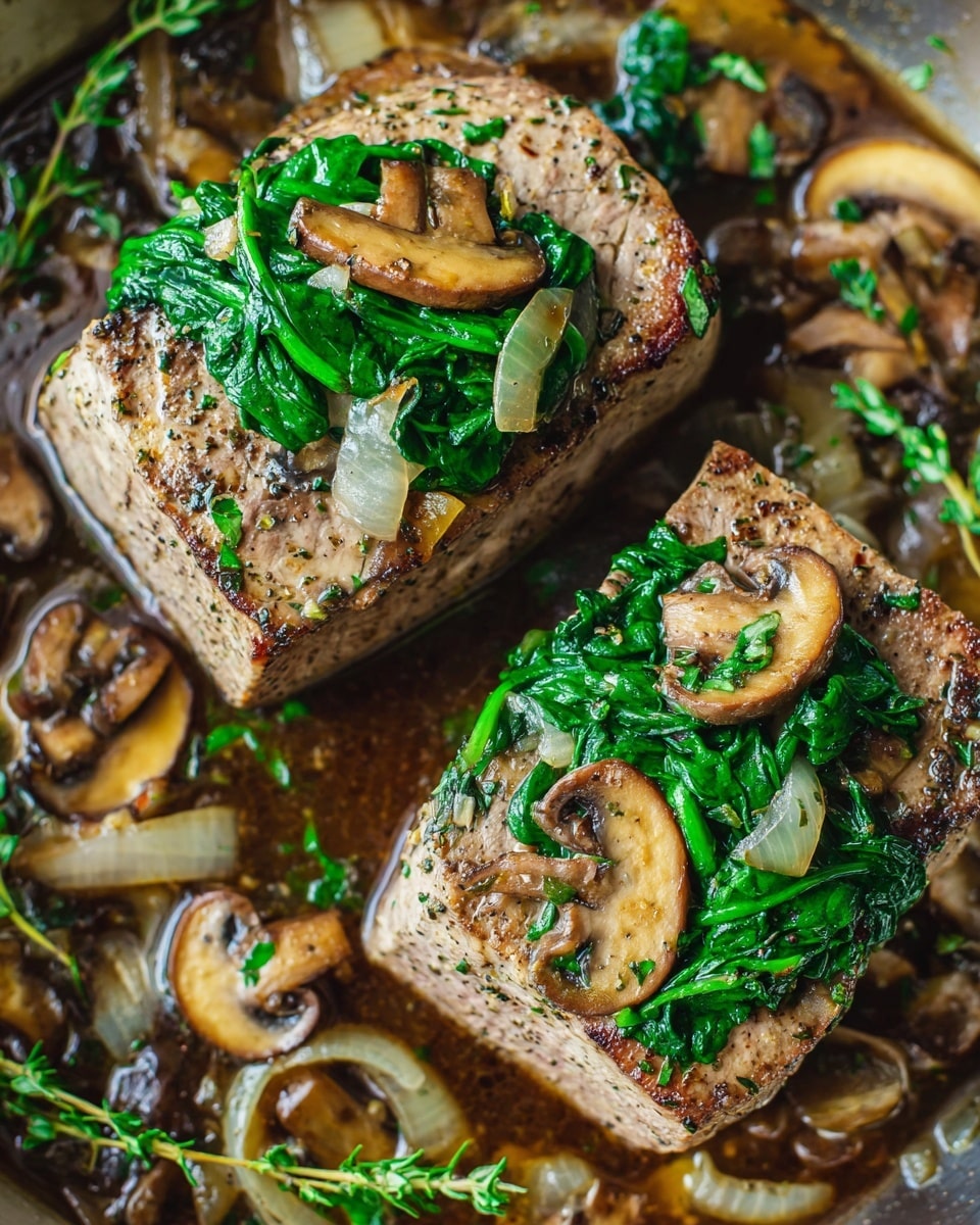 Goat Cheese & Spinach Stuffed Chicken Breast with Caramelized Onions and Mushrooms Recipe - Recipe Image