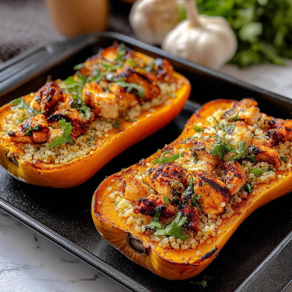Sweet and Savory Honey Roasted Butternut Squash Stuffed with Chicken Recipe - Recipe Image