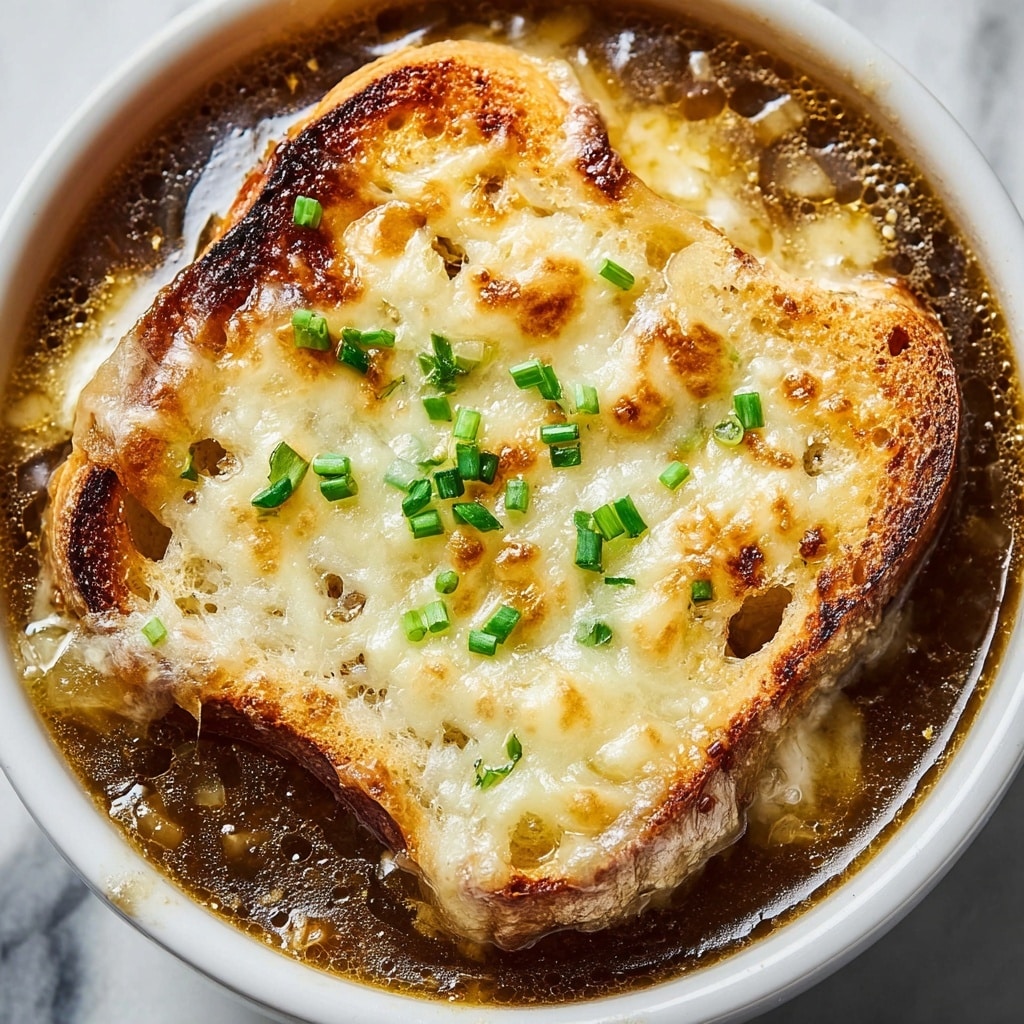 Classic French Onion Soup with Caramelized Onions, Rich Broth, and Melty Cheese Recipe - Recipe Image