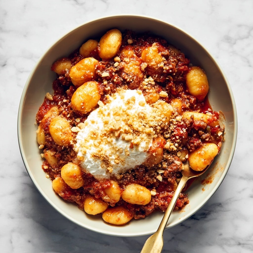 Millionaire Gnocchi with Red Sauce, Herbed Ricotta, and Golden Crispies Recipe - Recipe Image