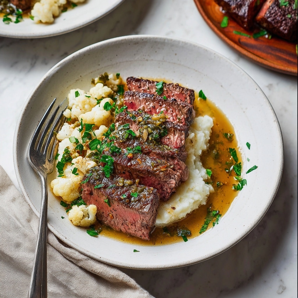 Brown Butter Steak with Roasted Garlic Whipped Cauliflower Recipe - Recipe Image