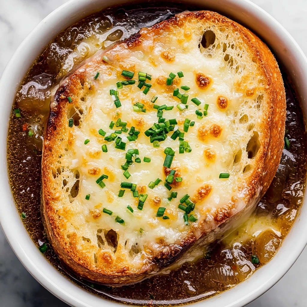 Classic French Onion Soup with Caramelized Onions, Rich Broth, and Melty Cheese Recipe - Recipe Image