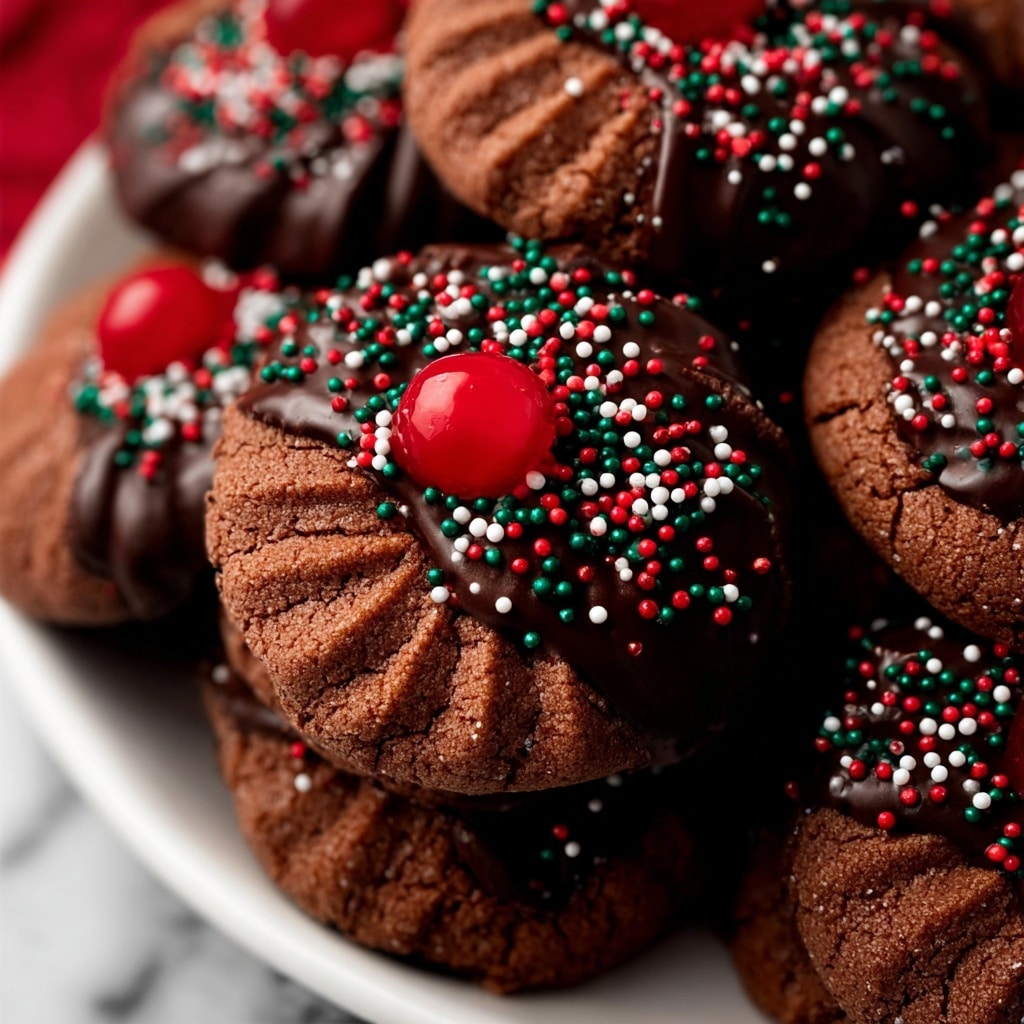 Piped Chocolate Butter Cookies with Maraschino Cherries and Sprinkles Recipe - Recipe Image