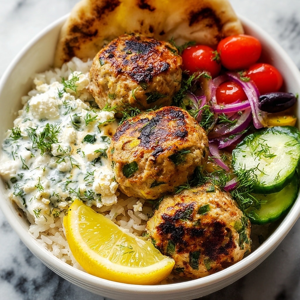 Greek Chicken Meatball Bowl with Tzatziki, Feta, and Vegetables Recipe - Recipe Image