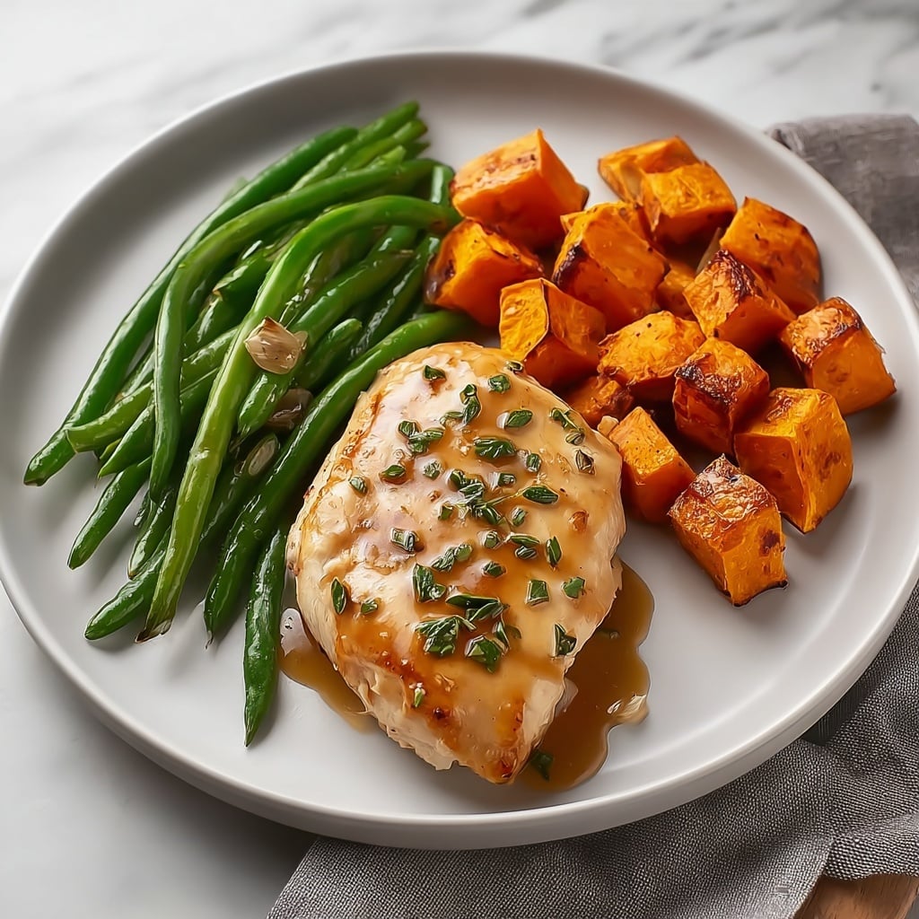 Honey Garlic Glazed Chicken with Roasted Sweet Potatoes and Green Beans Recipe