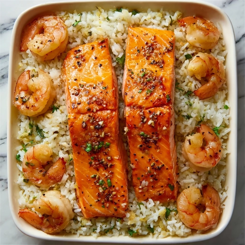 Honey Garlic Salmon & Shrimp over Garlic Butter Rice Recipe - Recipe Image