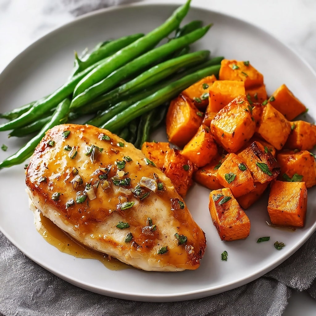 Honey Garlic Glazed Chicken with Roasted Sweet Potatoes and Green Beans Recipe - Recipe Image