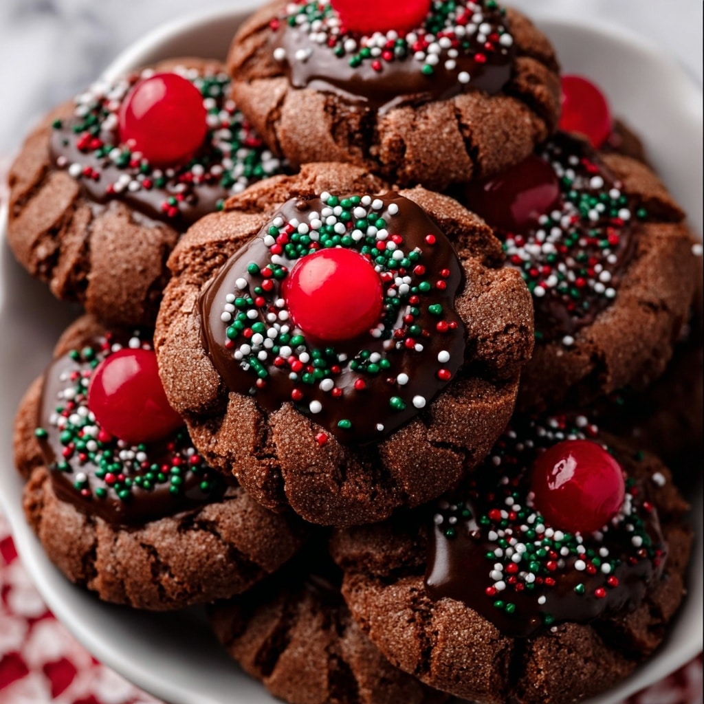 Piped Chocolate Butter Cookies with Maraschino Cherries and Sprinkles Recipe