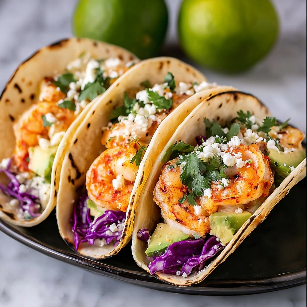 Shrimp Tacos with Cabbage, Avocado, and Spicy Lime Sauce Recipe - Recipe Image
