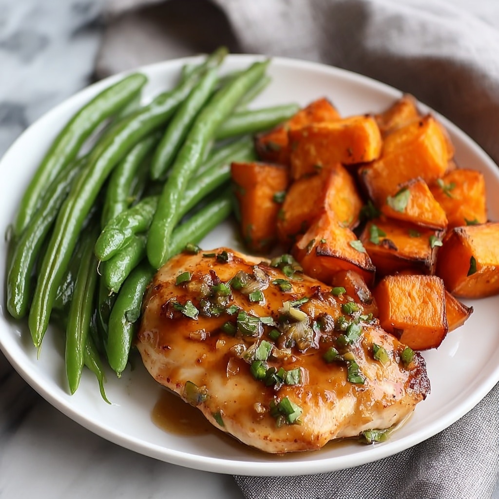Honey Garlic Glazed Chicken with Roasted Sweet Potatoes and Green Beans Recipe - Recipe Image