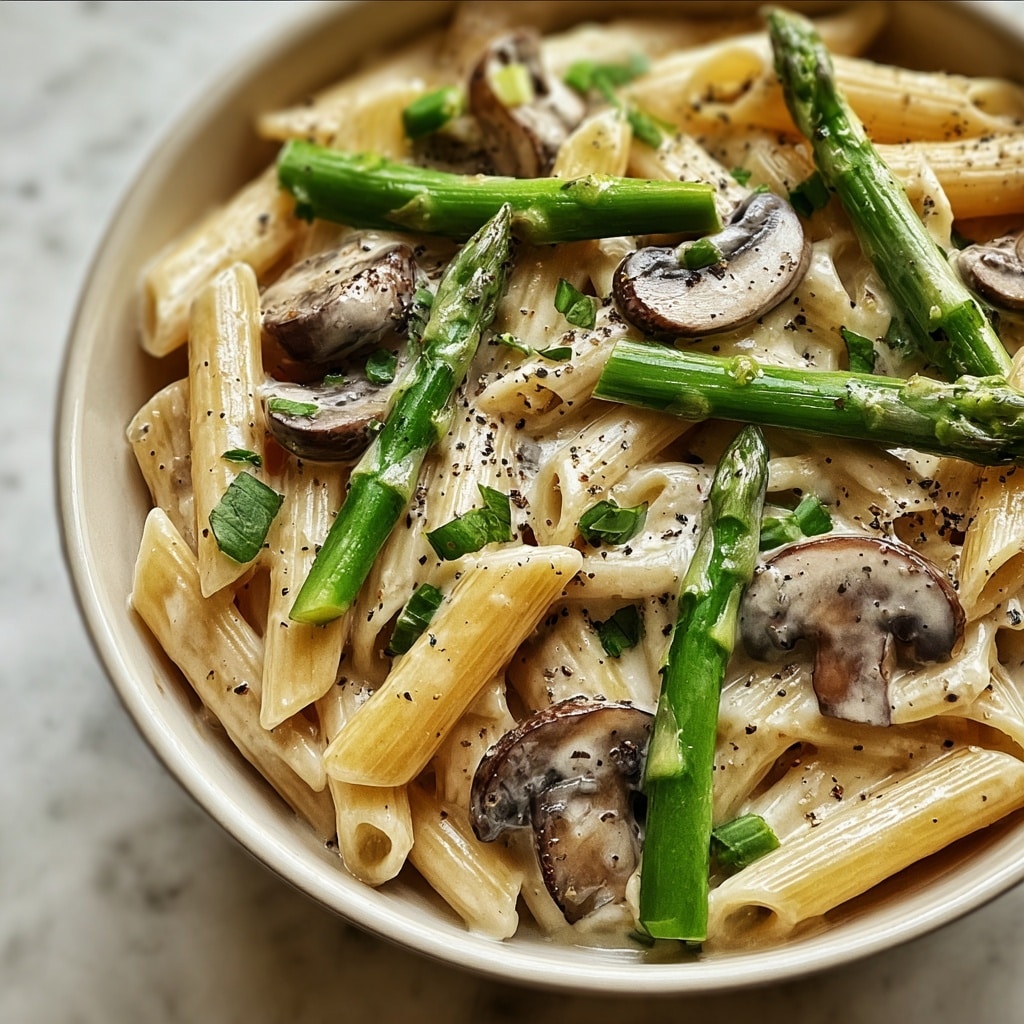 Creamy Mushroom and Asparagus Chicken Penne Recipe - Recipe Image