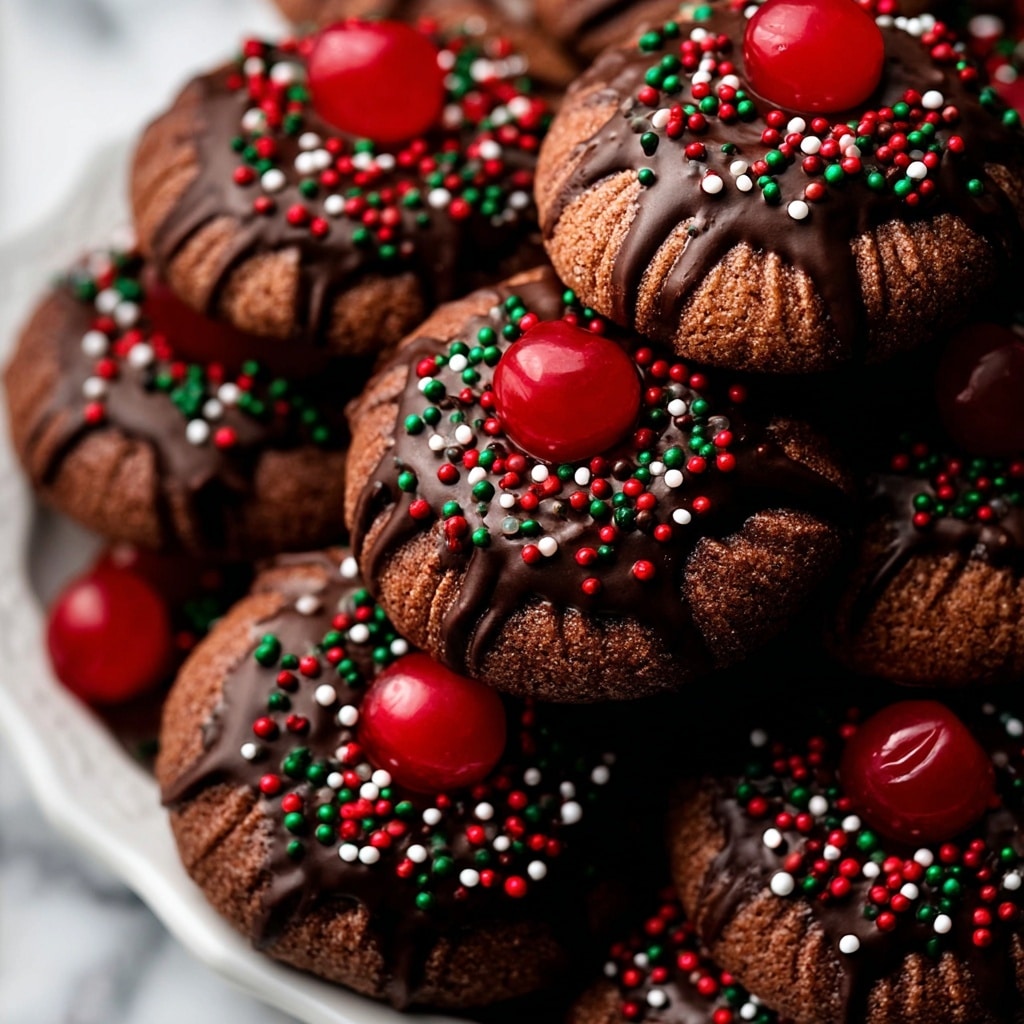 Piped Chocolate Butter Cookies with Maraschino Cherries and Sprinkles Recipe - Recipe Image
