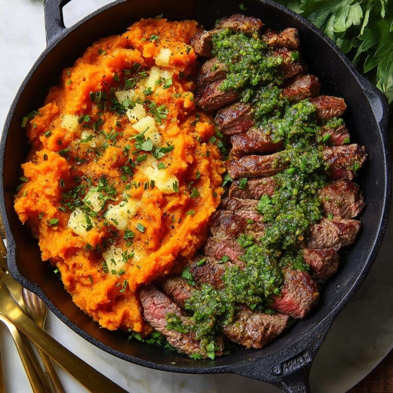 Steak with Green Herb Sauce and Mashed Sweet Potatoes Recipe