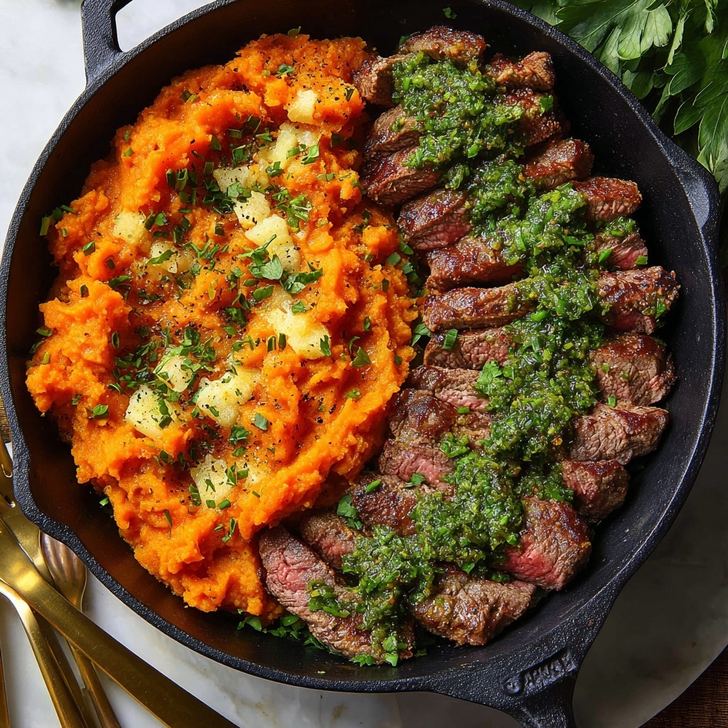 Steak with Green Herb Sauce and Mashed Sweet Potatoes Recipe