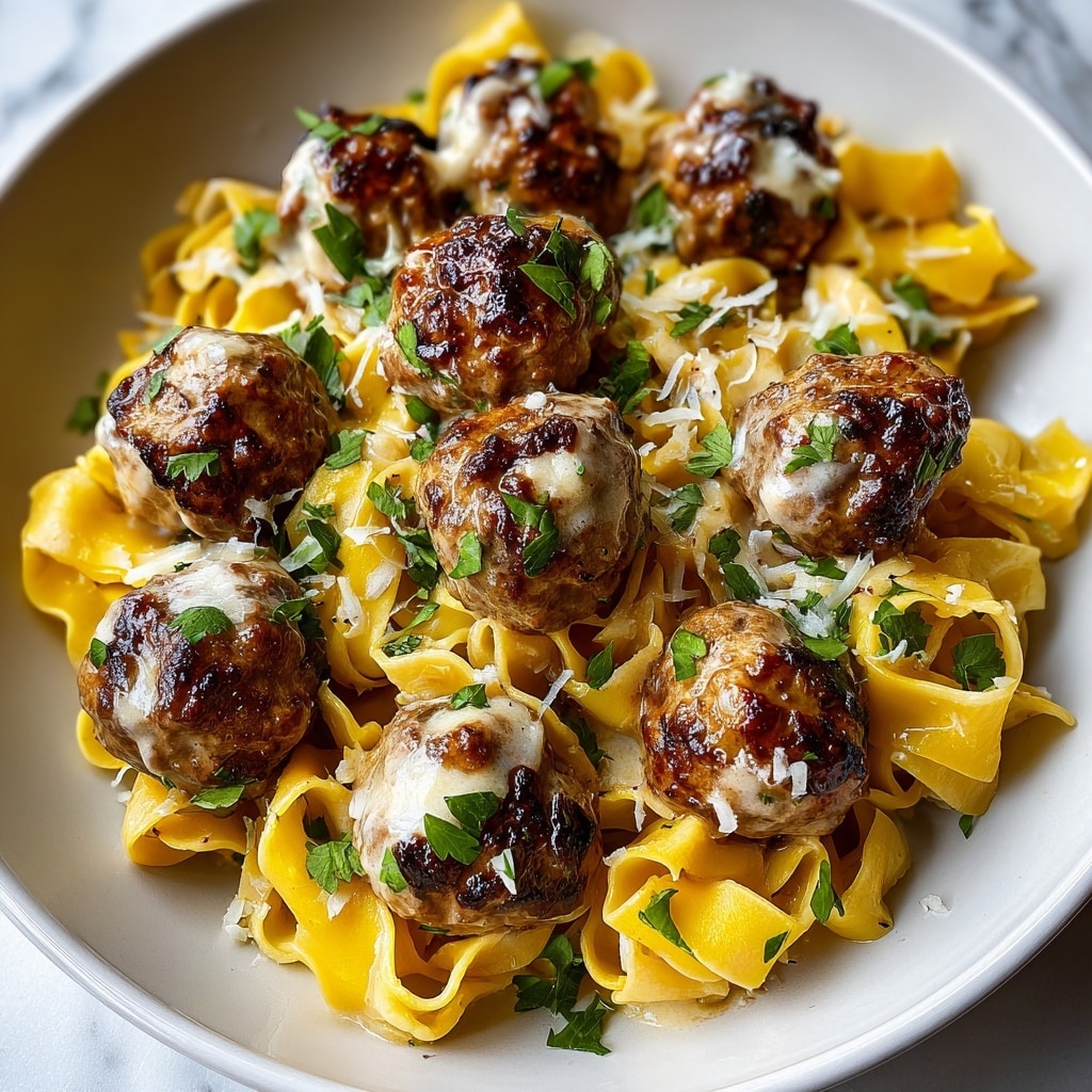 Easy Garlic Butter Meatballs Served Over Creamy Parmesan Linguine Recipe - Recipe Image