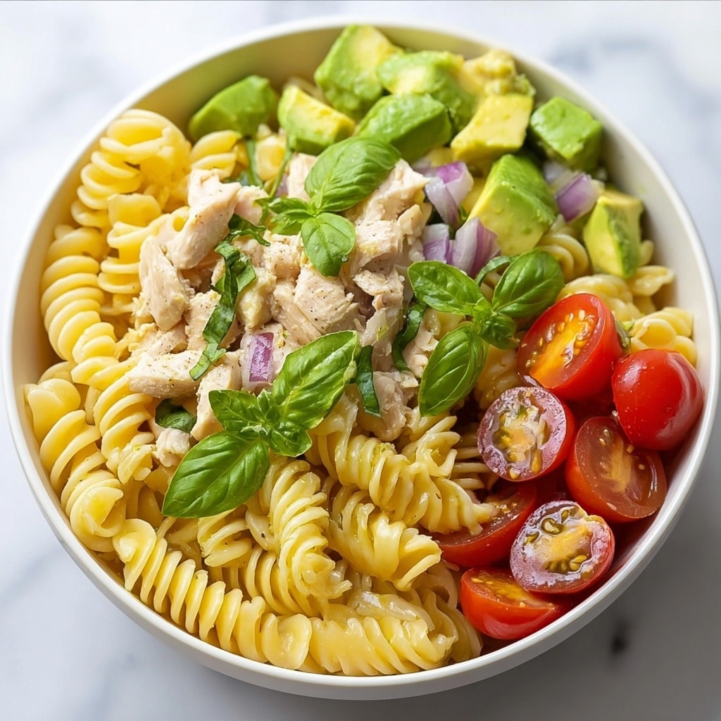 Healthy Chicken Pasta Salad with Avocado and Cherry Tomatoes Recipe - Recipe Image