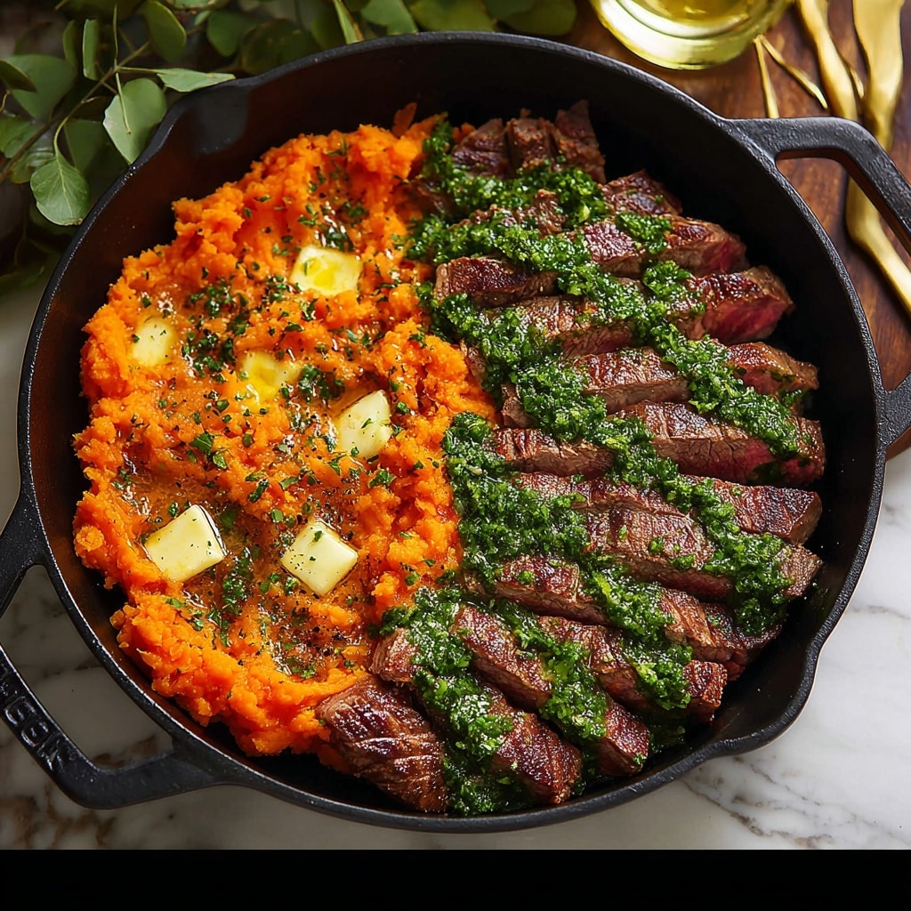 Steak with Green Herb Sauce and Mashed Sweet Potatoes Recipe - Recipe Image
